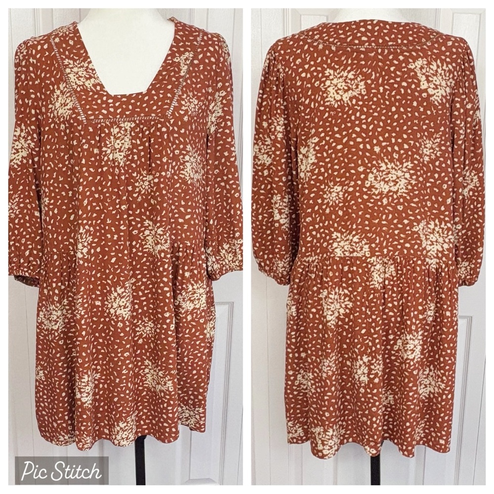 Knox Rose Boho Brown & Cream Floral 3/4 Sleeve Shift Mini Dress Large